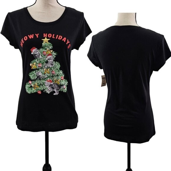 Wound Up Meowy Holidays Christmas Tree Cat Ornament Graphic T-shirt NWT - Picture 1 of 15